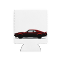 A minimalist side-profile silhouette of a long, low two-door coupe with a raised hood scoop and wide rear wheel arches printed on a can cooler.