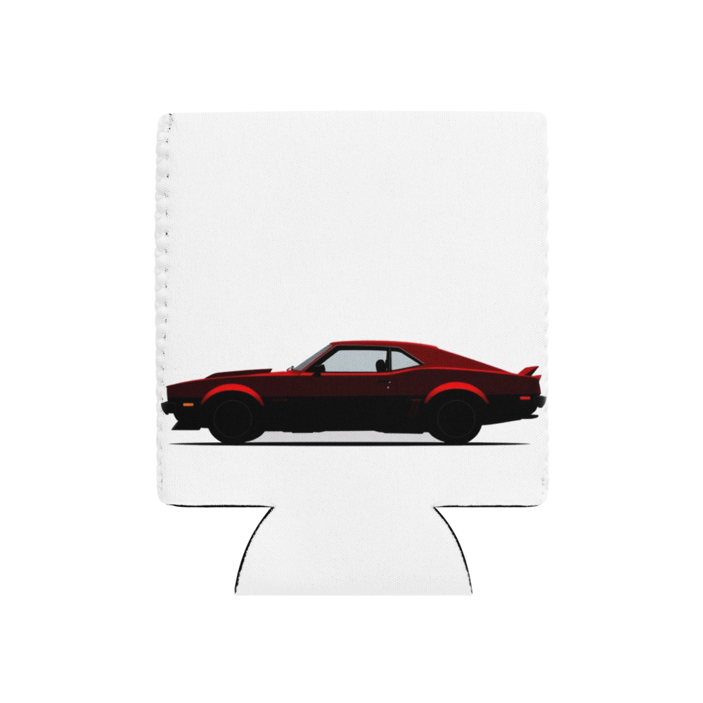 A minimalist side-profile silhouette of a long, low two-door coupe with a raised hood scoop and wide rear wheel arches printed on a can cooler.