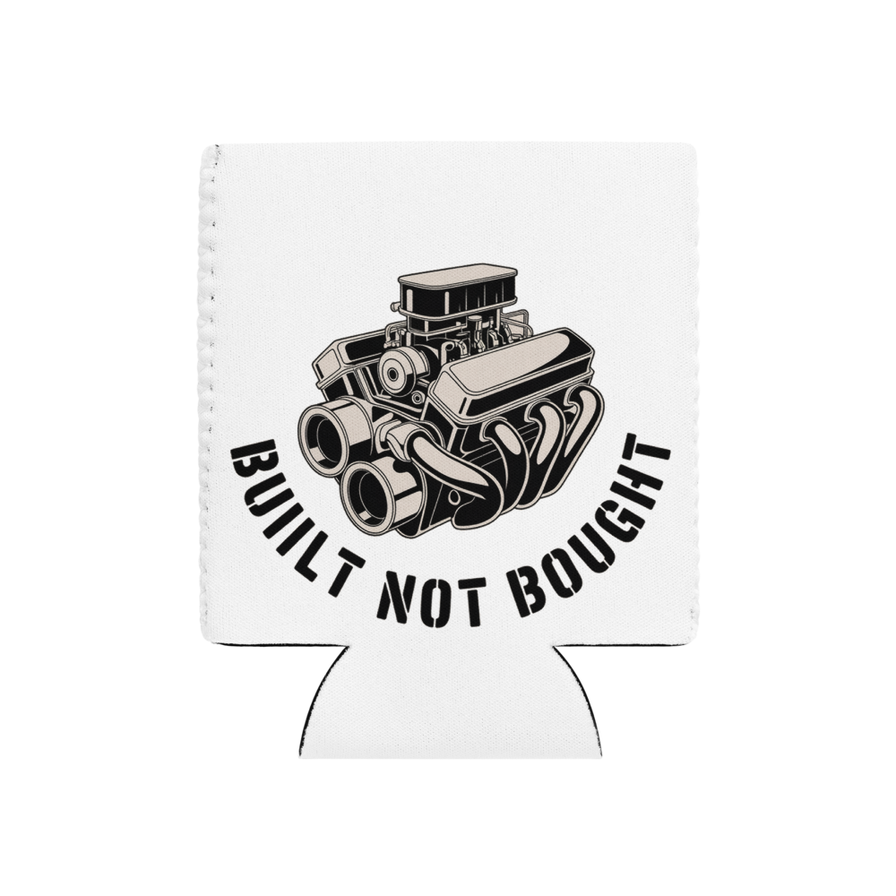 Line art illustration of a classic muscle car engine block and carburetor with the text Built Not Bought.