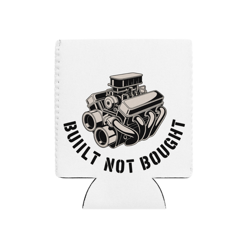 Line art illustration of a classic muscle car engine block and carburetor with the text Built Not Bought.