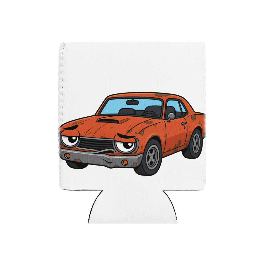 Rusty the Grumpy Muscle Car design on a can cooler