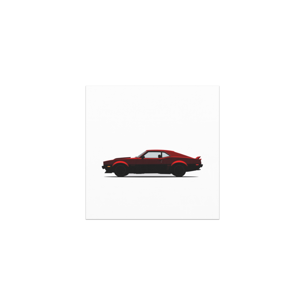 Side-profile silhouette of a long, low two-door muscle car coupe with a raised hood scoop and wide rear haunches.