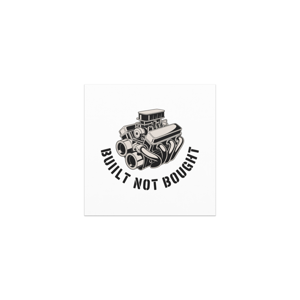 A detailed line art illustration of a classic muscle car engine block and carburetor with the text Built Not Bought.