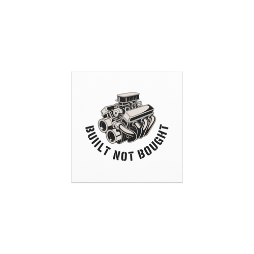 A detailed line art illustration of a classic muscle car engine block and carburetor with the text Built Not Bought.