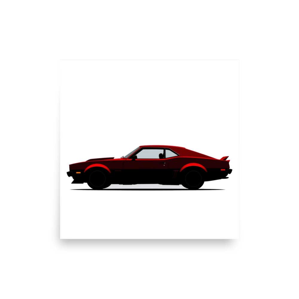 A black side-profile silhouette of a long, low two-door muscle car with a hood scoop and wide rear fenders.