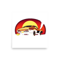 Illustration of a stylized 1970s muscle car performing a burnout with smoke billowing from its rear tires, seen from a low rear angle.