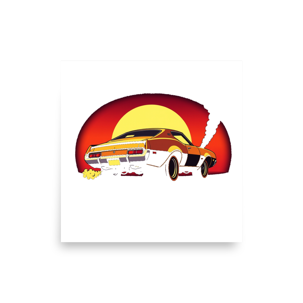 Illustration of a stylized 1970s muscle car performing a burnout with smoke billowing from its rear tires, seen from a low rear angle.