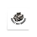 Line art illustration of a classic muscle car engine block and carburetor with the words Built Not Bought.