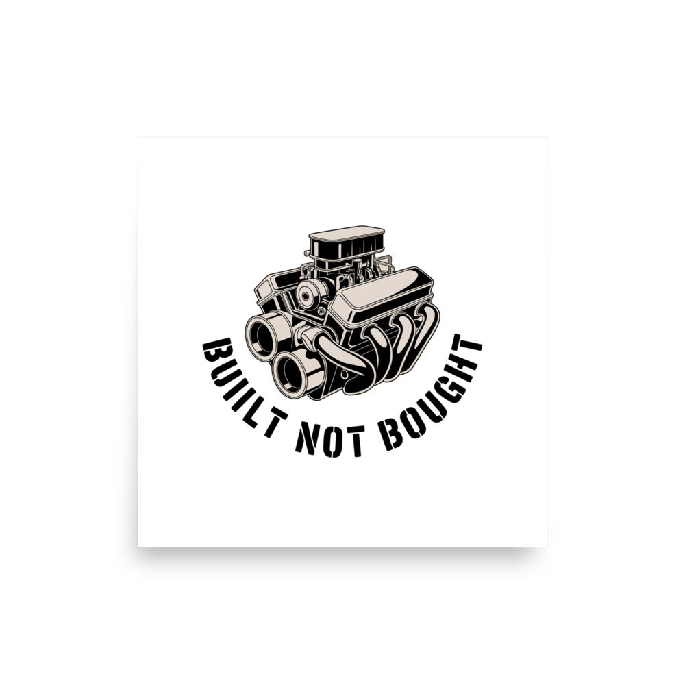 Line art illustration of a classic muscle car engine block and carburetor with the words Built Not Bought.