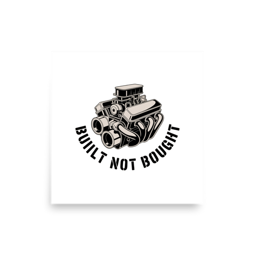 Line art illustration of a classic muscle car engine block and carburetor with the words Built Not Bought.