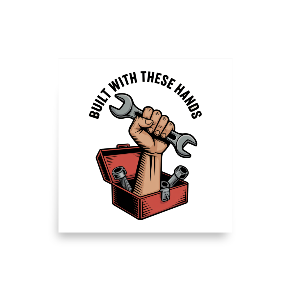 Built With These Hands Woodcut Muscle Car Garage design on a poster
