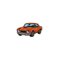 A grumpy cartoon muscle car with a rusted orange body, heavy chrome bumper, and a deadpan expression.