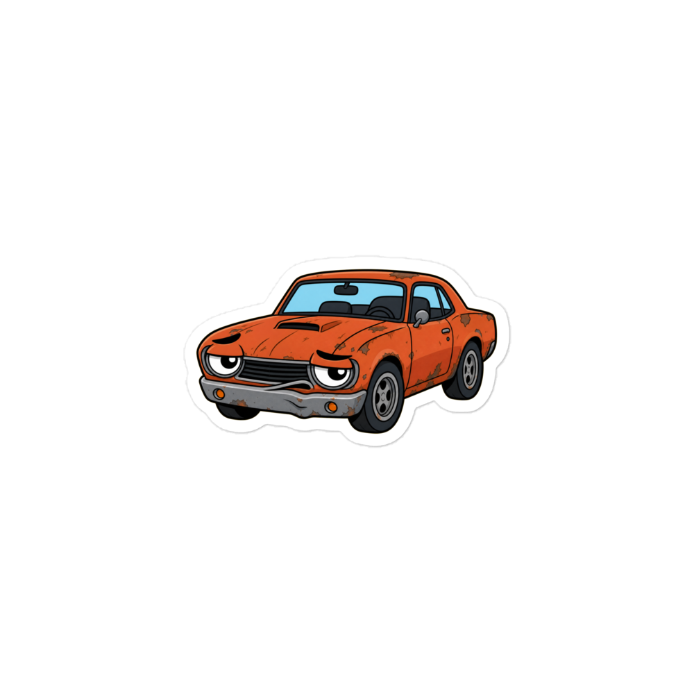 A grumpy cartoon muscle car with a rusted orange body, heavy chrome bumper, and a deadpan expression.