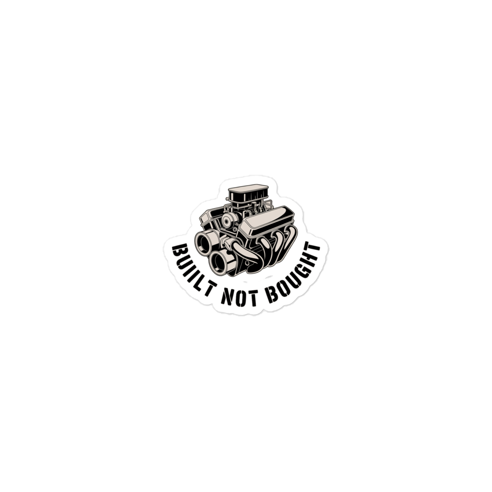 Technical line art of a long-hood muscle car engine block and carburetor above the words Built Not Bought.