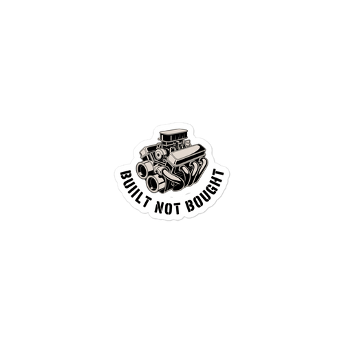 Technical line art of a long-hood muscle car engine block and carburetor above the words Built Not Bought.