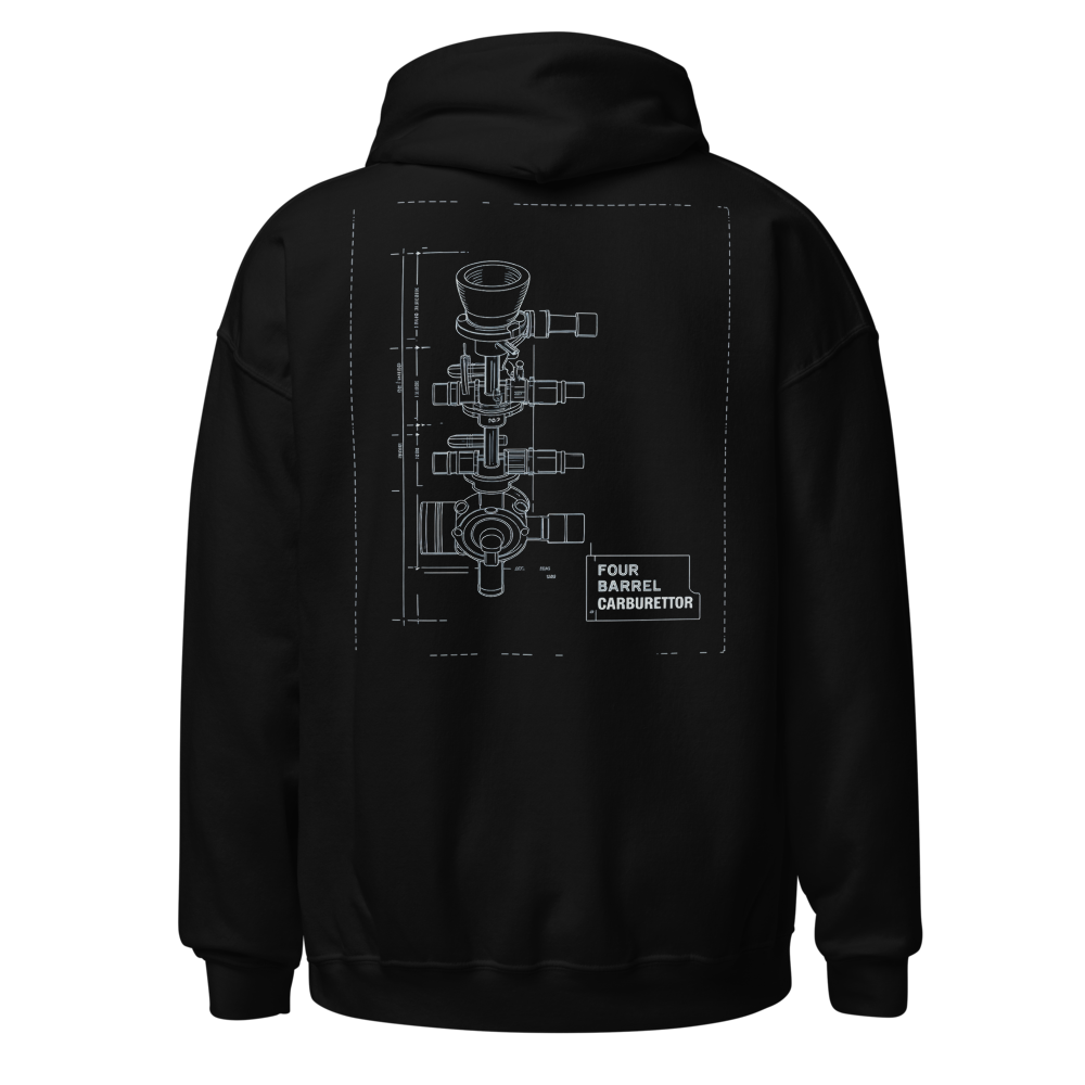 Four Barrel Carburettor Exploded View design on a hoodie