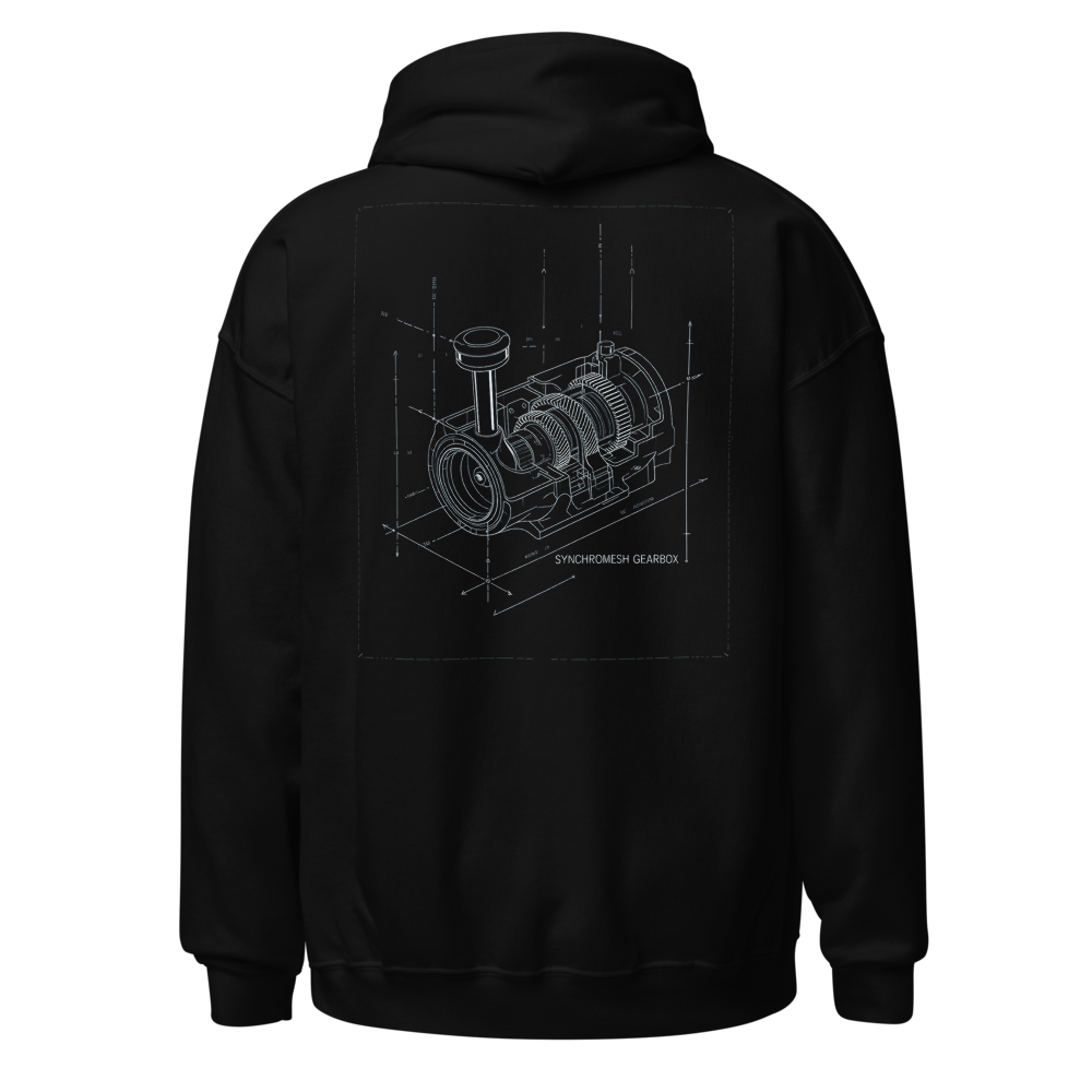 Synchromesh Gearbox Cutaway design on a hoodie