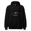A minimalist black silhouette of a long, low two-door coupe with a hood scoop and wide rear fenders printed on the front of a hoodie.