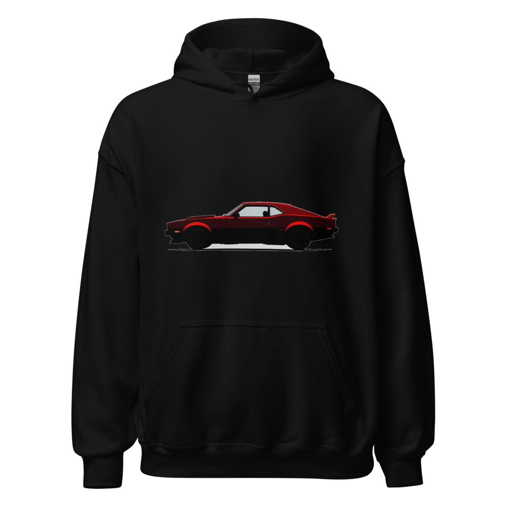 A minimalist black silhouette of a long, low two-door coupe with a hood scoop and wide rear fenders printed on the front of a hoodie.