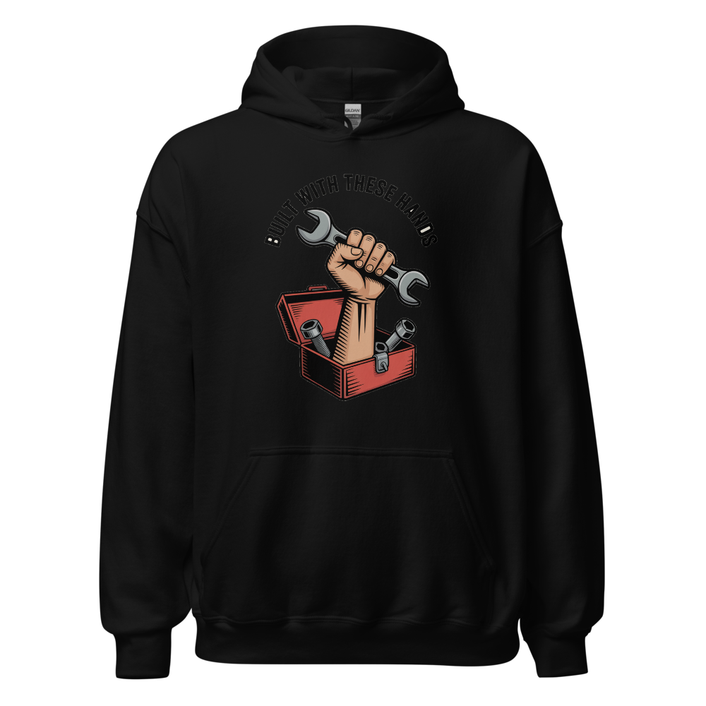 Built With These Hands Woodcut Muscle Car design on a hoodie