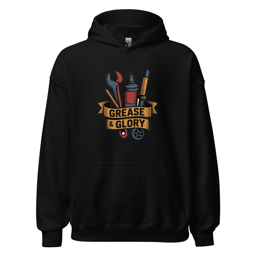 Grease & Glory Muscle Car Garage design on a hoodie