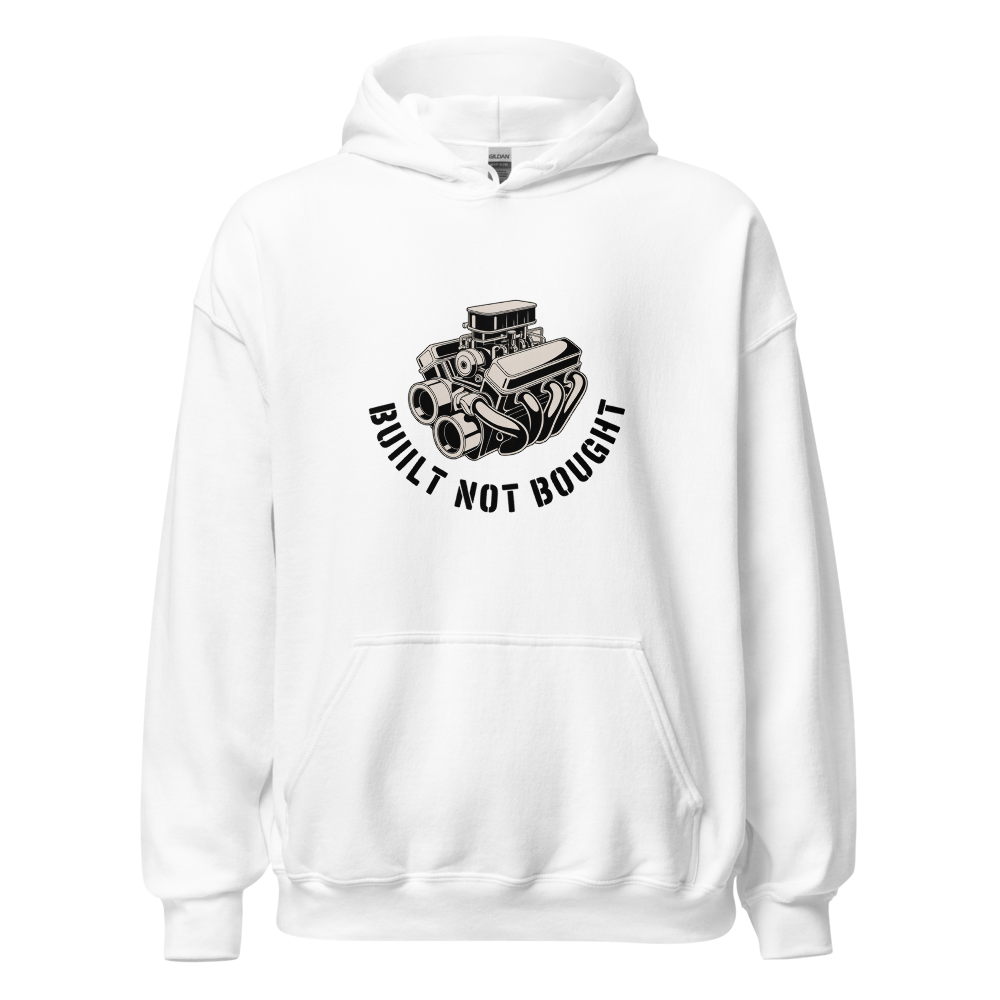 Line art illustration of a classic muscle car engine block and carburetor with the phrase Built Not Bought.