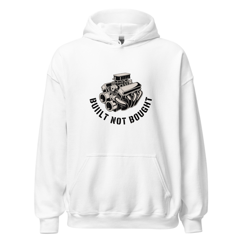 Line art illustration of a classic muscle car engine block and carburetor with the phrase Built Not Bought.