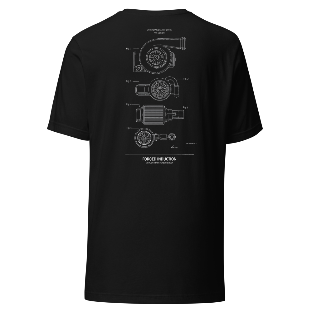 Forced Induction Blueprint design on a t-shirt