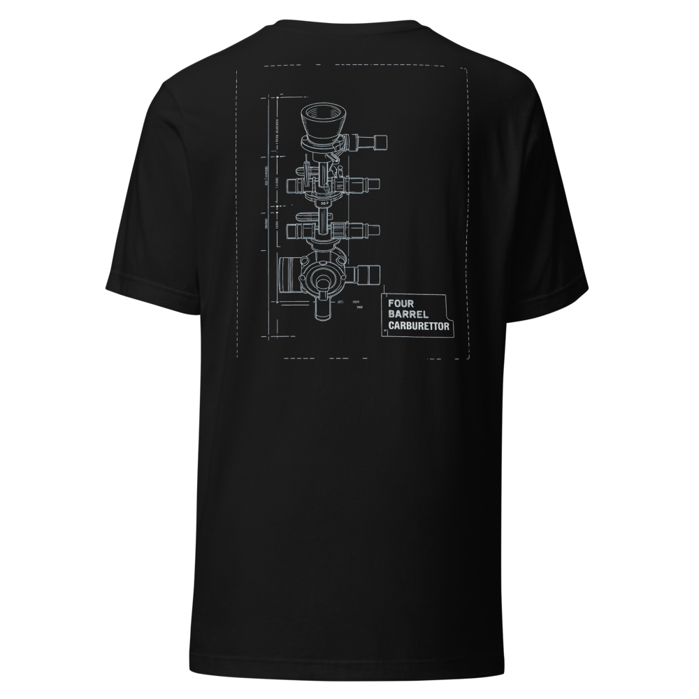 Four Barrel Carburettor Blueprint design on a t-shirt