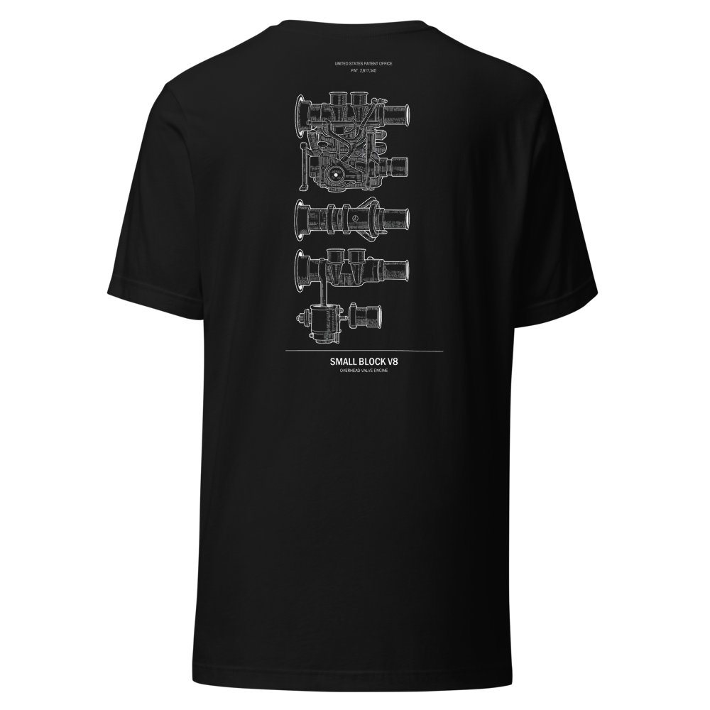 Small Block V8 Blueprint design on a t-shirt
