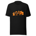 A retro 1970s-style muscle car launching forward with smoking rear tires and a hood scoop printed on a t-shirt.