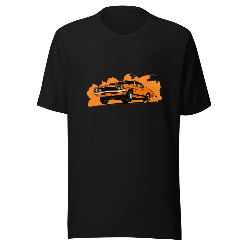 A retro 1970s-style muscle car launching forward with smoking rear tires and a hood scoop printed on a t-shirt.