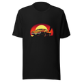 A stylized retro muscle car doing a burnout with smoke billowing from its rear tires against a sunset garage backdrop.
