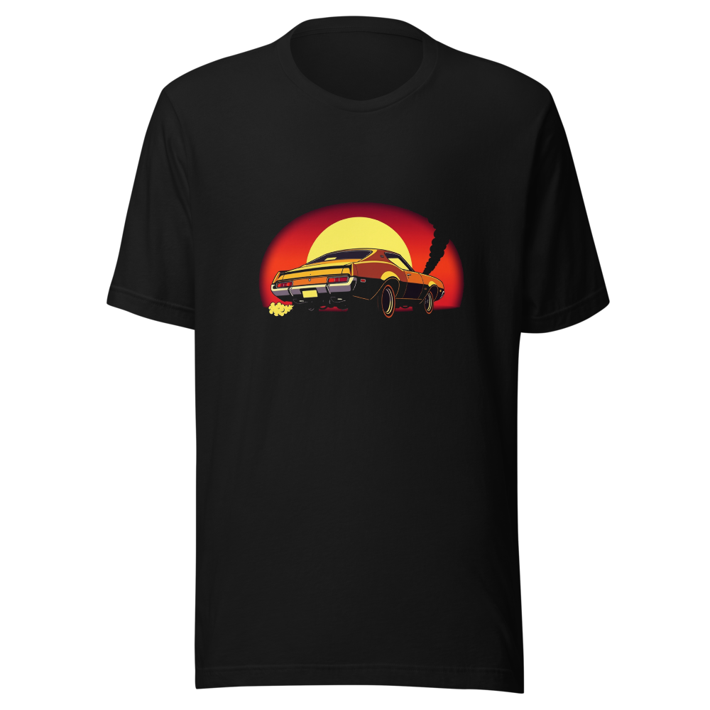 A stylized retro muscle car doing a burnout with smoke billowing from its rear tires against a sunset garage backdrop.