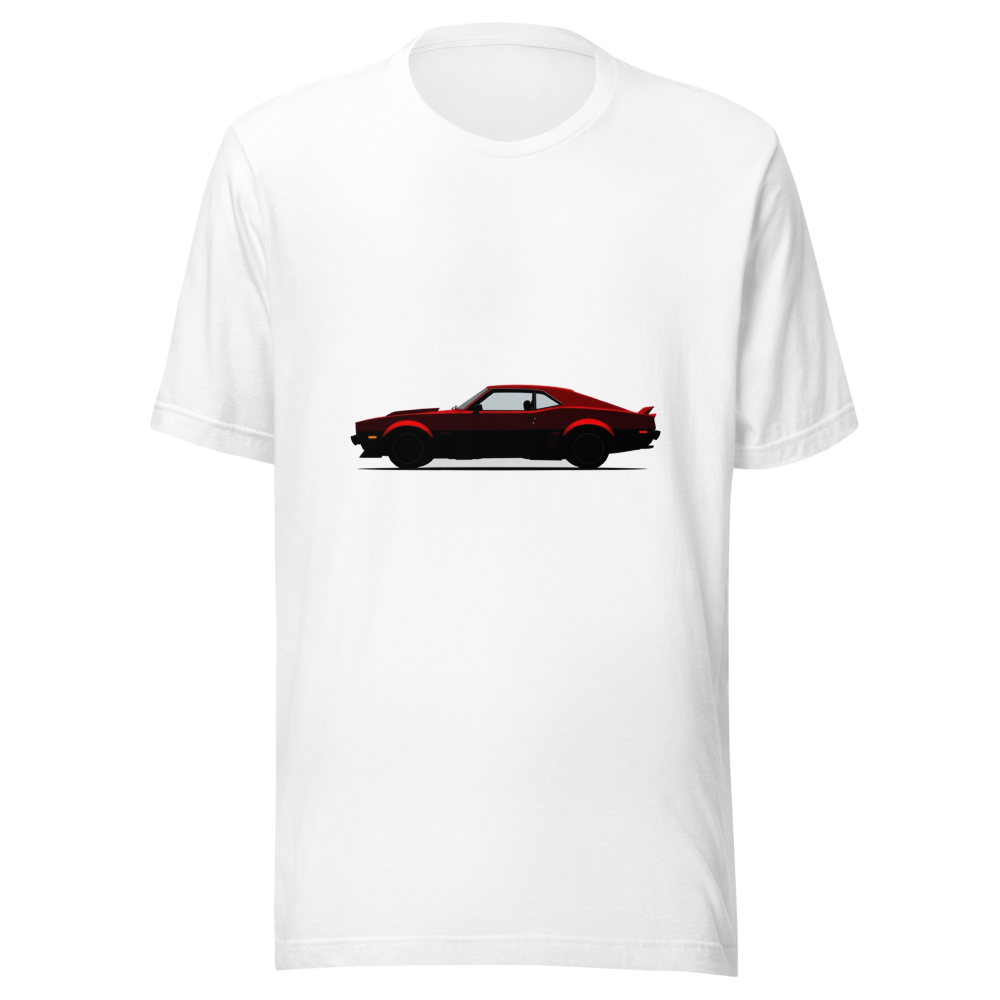 A minimalist black silhouette of a long two-door muscle car with a hood scoop and wide rear fenders, shown in side profile.