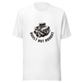 A t-shirt printed with detailed line-art illustration of a classic muscle car engine block and carburetor, with the text Built Not Bought underneath.