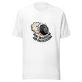 Cartoon illustration of a smoking rear tire mid-burnout with motion lines and flying debris chips printed on a t-shirt.