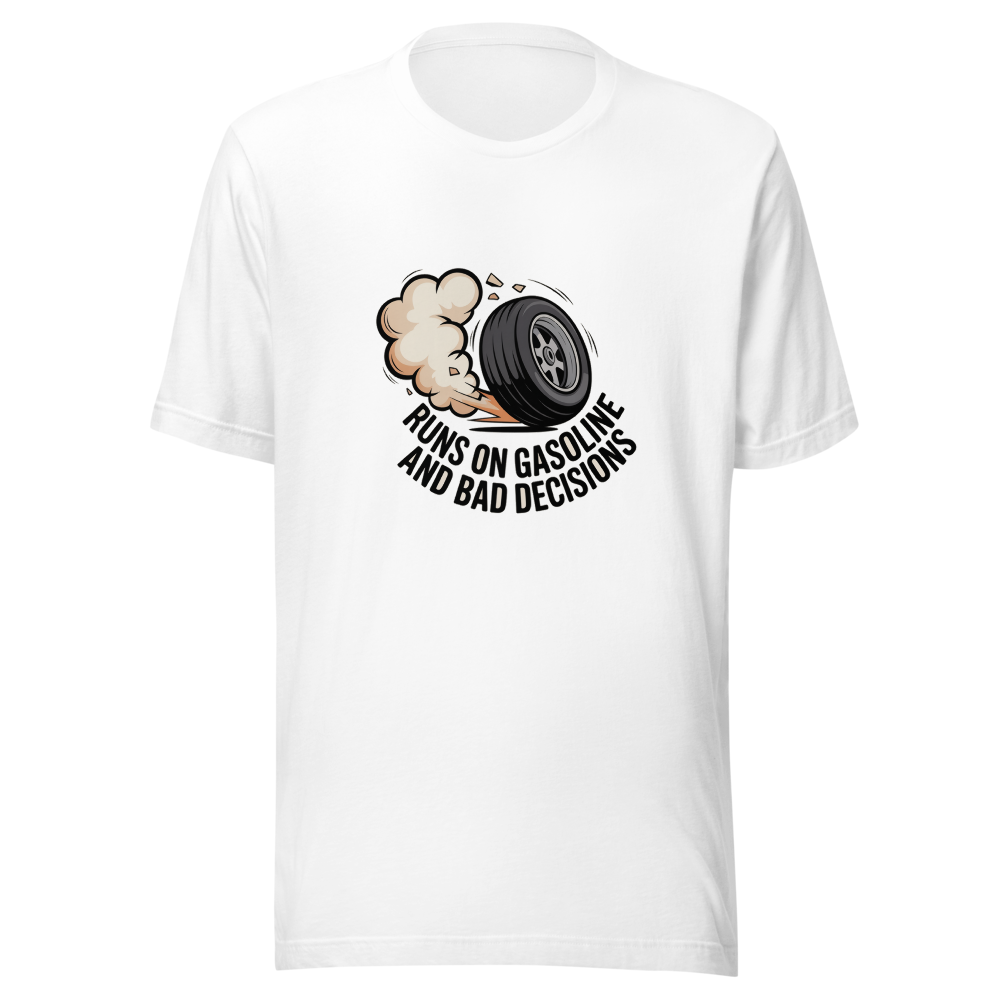 Cartoon illustration of a smoking rear tire mid-burnout with motion lines and flying debris chips printed on a t-shirt.