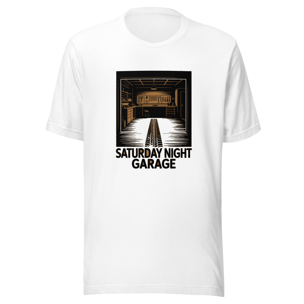 A classic muscle car parked in a garage at night with dramatic lighting in a retro graphic design.